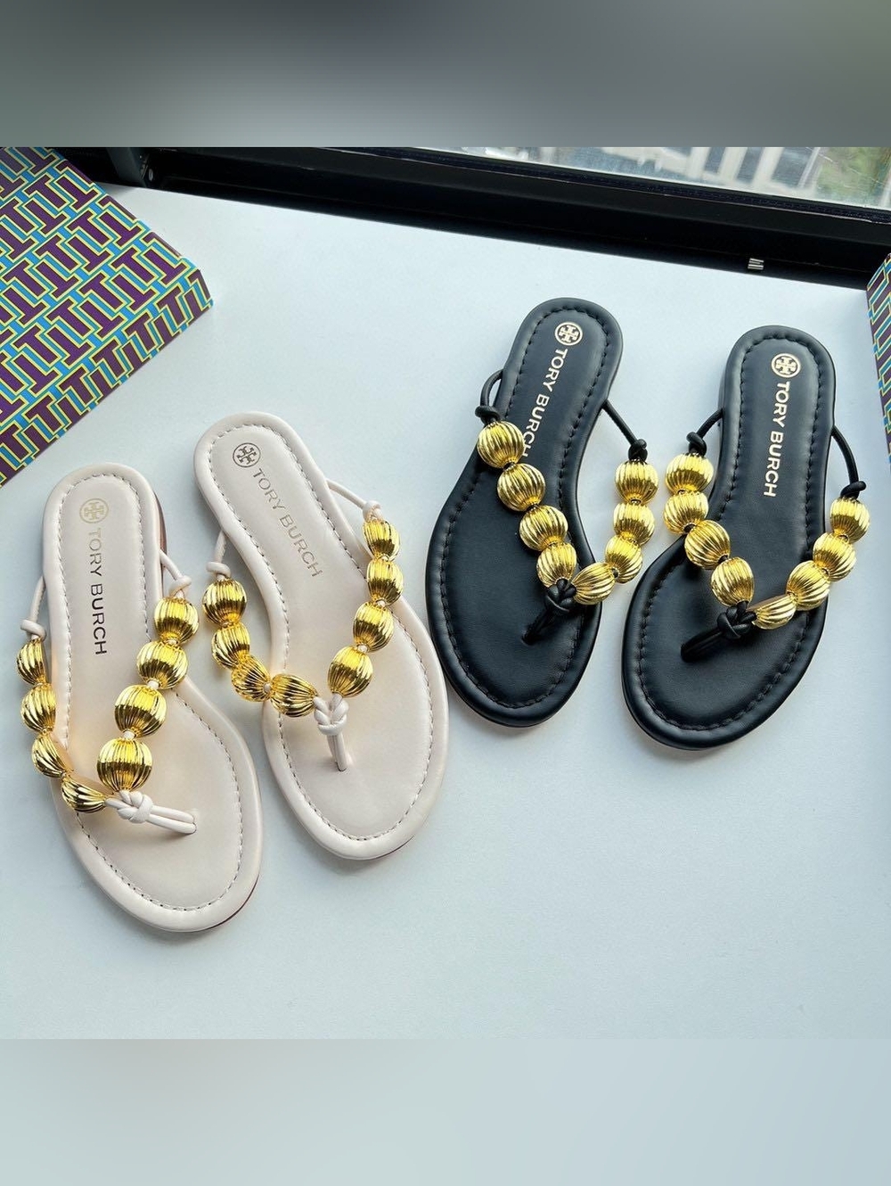Tory Burch Beaded Thong Sandals in Black & Cream